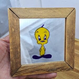 Vintage Mid‎ Century Yellow Tweety Bird Painted On Mirror wood frame 5"